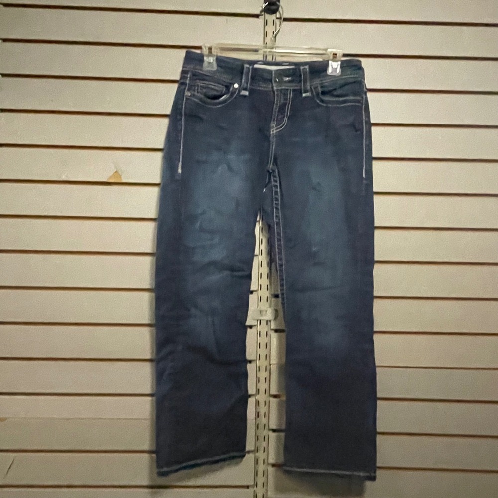 BKE Harper Straight Leg Dark Wash Jeans Heavy Stitching 27 Short Mid Rise Denim
